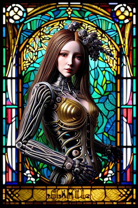 A humanoid AI represented in Art Nouveau style, with intricate, flowing lines and decorative patterns. She has a serene expression, her hair a cascade of metallic threads intertwined with floral motifs. Her body is partly robotic, with gold and pearl accents, seamlessly blending with organic forms. The background is a stained-glass-style design, featuring celestial and floral imagery. Art style: detailed, ornamental, and vintage-inspired."