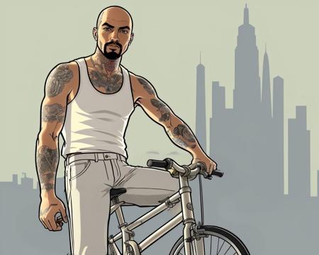 <lora:GTA_Style:0.8> GtaSA2004 C3s9r cartoon of a man on bmx bicycle, wearing white vest, grey pants. tattoos,