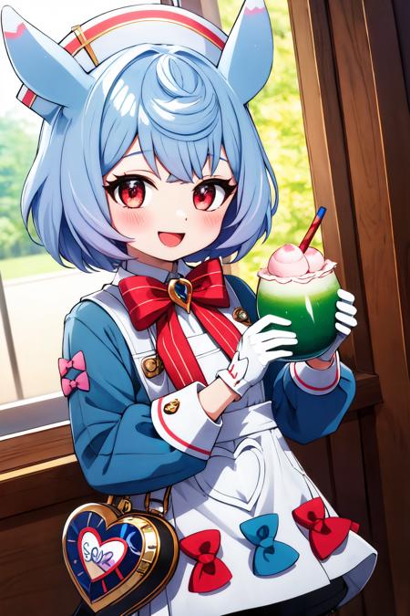 sigewinne, twintails, low twintails, tail sigewinne, twintails, low twintails, tail, green shirt, white collar, collared shirt, puffy sleeves, long sleeves, white gloves, nurse cap, white apron, red bowtie, winged waist bow, white waist bow, red bow on apron, blue bow on apron, black shorts, white thighhighs, shoes, black footwear, heart-shaped bag