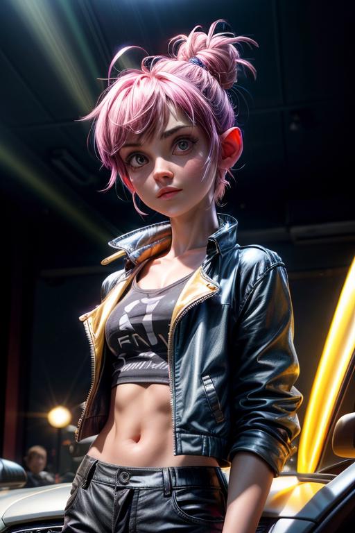 A 3D animated woman with pink hair and a black leather jacket.