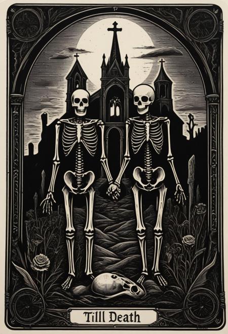 Tarot card with the words "Till Death" at the bottom. Two skeletons stand together. One male and a smaller female. Both wear tattered Victorian clothing. They hold hands standing side by side. Both look at the viewer.  Desolate graveyard. Ruined church in the background. Black. High contrast. Ornate border. faded frayed edges. Linocut. monochrome linocut. tarot_card