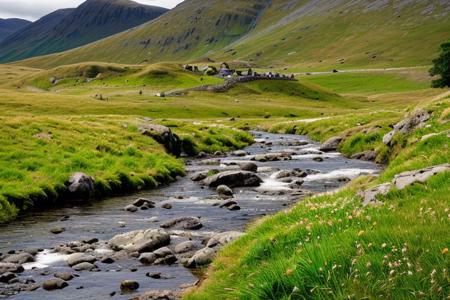 photograph, landscape, scotland, mountains, grassy hills, flowering broom, sheep, rocks, stream, stone walls