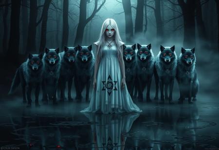 In the shadowy heart of an ancient, mist-laden forest, a pale, ethereal girl with long, silver-white hair stands amidst the fog. Blood spatters stain her delicate, flowing white dress, contrasting sharply with the intricate, black sigil of a five-pointed star emblazoned on her chest. Her eyes, glowing an unsettling crimson, fixate on the viewer with an eerie, hypnotic intensity.
Surrounding her in a protective circle are twelve sleek, spectral wolves, their fur shimmering in shades of deep indigo. Each wolf’s eyes burn with the same crimson glow as the girl’s, and around their necks hang silver medallions etched with ancient runes, each bearing a unique name. The dark, swampy ground beneath their feet is reflected in the glassy, still waters, broken only by the faint ripples of the wolves’ movements. The scene is bathed in an otherworldly light, with soft refractions and ghostly glows illuminating the mist and casting an eerie, supernatural glow over the entire tableau.