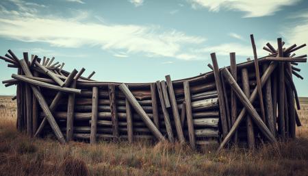 masterpiece of photography, dyanimic framing, an incredible image,A wooden and bark-constructed dumpster lies in the center of an open field, its surface weathered and worn from years of use. The structure stands tall, approximately 10 feet high, with a width that spans nearly as much.  The wood,