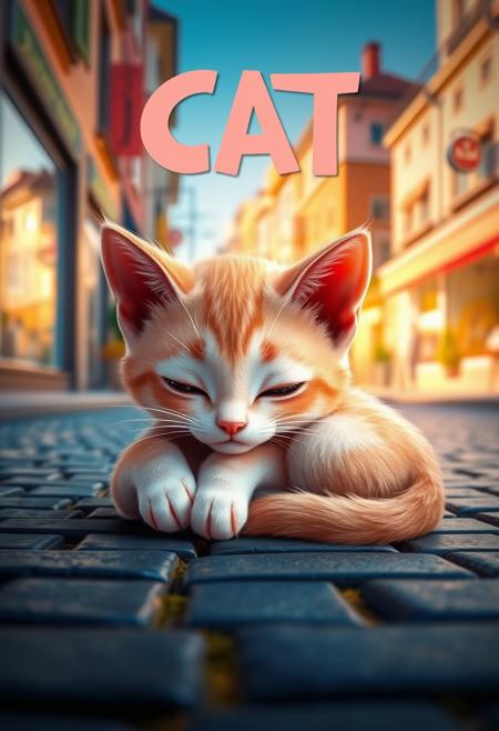 Pixar inspired poster, A perfect masterpiece pixar style movie poster of a pixar disney movie called "CAT", the word (CAT) is written at the top of poster in a cute colorful font,  Digital painting of a cute young pinkish kitten curled sleeping on the ground, paved street, close up, basking in the morning sun, cute cozy atmosphere, shops can be seen in the background, magical fantasy city, life-like masterpiece realitic photo, hyper realistic, A photogenic soft scene, digital 4k art, bokeh, depth of field, detailed eyes, 4K, vivid, extremely detailed, perfect anatomy, maximalist, dynamic, absurdres, 8k photography, three point perspective, Ultra-realistic, Hyperrealism