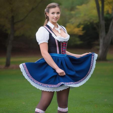 full body portrait of a woman,25 years old,dirndl,large breasts,munich,pantyhose,ponytail,