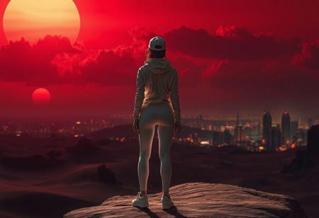 highly detailed cgi artist Style, colorfull, in a desert, warm red early morning, hot, detailed soft glowing clouds. dim red sun, city lights and high buildings in the far background, dark shadows, strong shadows, 
dramatic lighting, dark theme, dark, rimlight, highly detailed,  low angle backshot, woman, standing on a cliff, back to the camera, short red glowing hair, thight white jacket, white cap, tight white leggings, white sneakers, slim body, tight ass, tight legs,