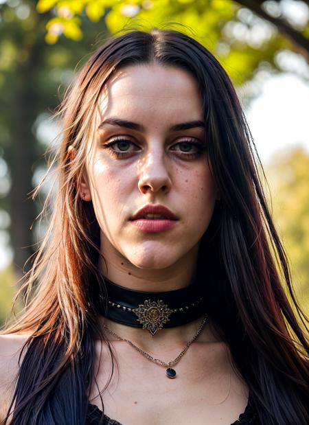 A stunning intricate full color portrait of young sks woman with black choker 90s style, walking in the park, epic character composition, sharp focus, <lyco:emilyKavanaugh:1.0>