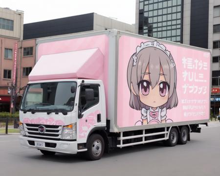 ground vehicle, outdoors, building, road, city, street, truck, real world location, photo background <lora:adtruck_v1:0.7>, pink background, chibi maid