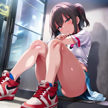 <lora:hll6.3-fluff-a7:1> best quality, high quality,  <lora:air_jordan_1-01:1>, by asanagi, 1girl, (((air_jordan_1))), sneakers, red footwear, nike, sitting,