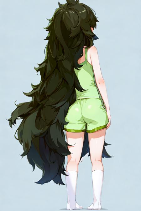 best quality, masterpiece, 1girl, solo, maho, messy hair, full body, standing, white camisole, socks, very long hair,  shorts, (from behind:1.2), faceless