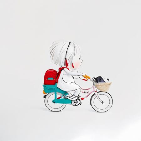 janemassey, massey, 
lineart, white background,illustration, cute, 2d,
1girl, solo, blush, short hair, simple background, white background, dress, white hair, signature, bag, from side, animal, backpack, bug, ground vehicle, butterfly, dog, riding, bicycle,
 <lora:janemassey-04:1>