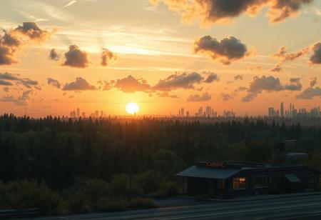A landscape of a post-apocalyptic city. A dense forest grows near the city. Clouds float across the sky. The setting sun shines. In the middle, between the city and the forest, there is a surviving roadside cafe with lights in the windows.