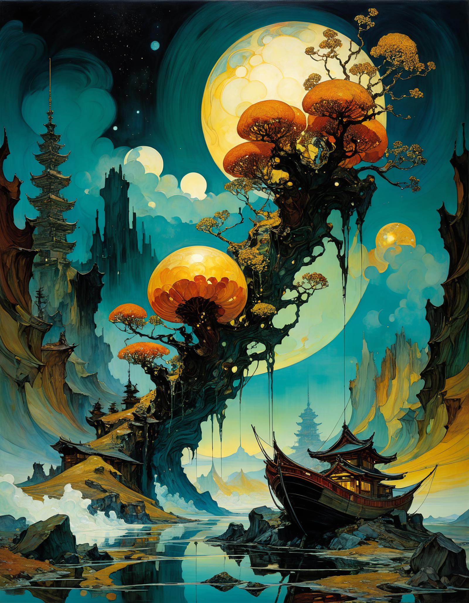 A painting of a boat with a mushroom tree in the background. The boat is docked next to a large mushroom and a small one is floating nearby. The scene is set at night with a moon visible in the sky. There are also two other smaller mushrooms in the background, creating a captivating and imaginative environment.