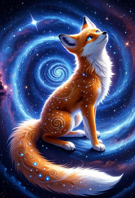A spirit fox with constellation patterns in its fur, eyes glowing with ancient wisdom, tail curling into a spiral nebula, floating through space, vibrant detail, dynamic angle, masterpiece, mobe-cedeen <lora:CelticDetailEnhancerV1:0.9>, galaxy <lora:galaxyXLP:0.75>, <lora:add-detail-xl:0.75>,