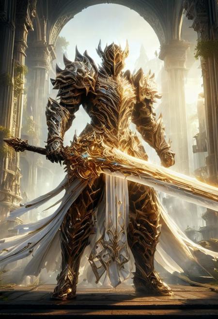 A digital illustration of  a majestic, armored figure standing in a grand and ethereal environment. The figure is adorned in elaborate white and gold armor with intricate designs, and is holding a large, glowing sword. The armor and the overall aesthetic suggest a character from a high fantasy setting, possibly an angelic or holy warrior, reminiscent of characters seen in video games, fantasy artwork, or literature. The character’s face is obscured by a hood or helmet, adding to the mysterious and imposing nature of the figure. The environment around the character includes columns and a misty atmosphere, contributing to the divine and otherworldly feel of the scene. The image conveys a sense of power, divinity, and grandeur.