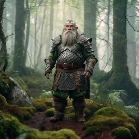 high-definition 8k photo in phst artstyle of an old dwarven dwarf man wearing armor with green scales standing in a thick forest with fog