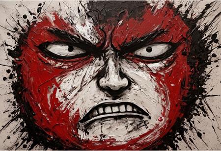 Anger art captures intense emotions and often features:
1. **Color Palette**: Dominated by reds, blacks, and dark tones to evoke feelings of anger and intensity.
2. **Dynamic Lines**: Uses sharp, aggressive lines and bold strokes to convey movement and tension.
3. **Expressive Forms**: Distorted or exaggerated forms can reflect inner turmoil and emotional chaos.
4. **Textural Elements**: Thick paint application or rough textures may be used to enhance the raw emotion.
5. **Abstract and Figurative**: Both abstract and figurative elements can be combined to express complex emotions and narratives.
Anger art serves as an outlet for emotional expression, allowing artists and viewers to explore and process feelings of rage and frustration.