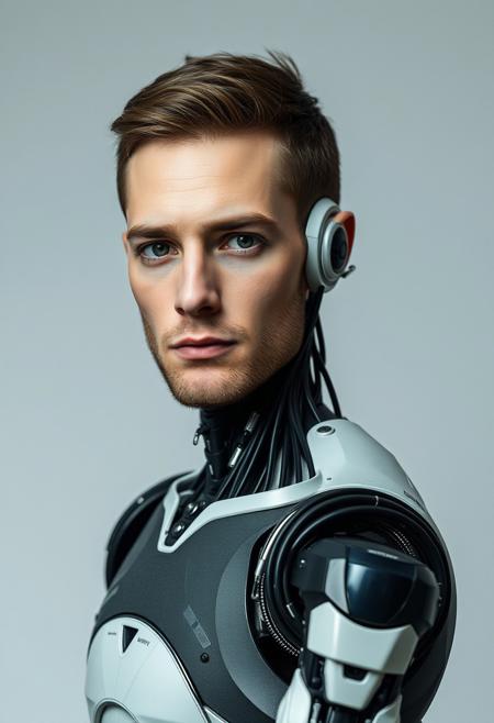 photo portrait of a man stands in front of camera, body slightly turned, looks into camera, high detailed, neutral background, with tiny details of a robot (andriod) but more as a human, realistic photo
