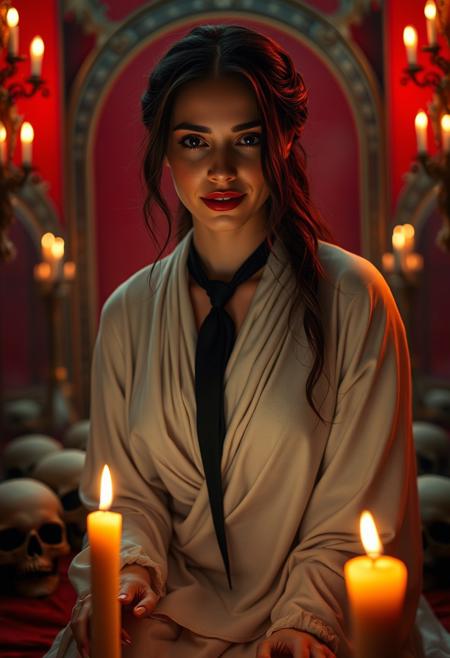 A beautiful woman from the Arcane Industrial Age era, wearing draped white tunic, lit by trembling candles, set in infinite mirrors in a red room, with skulls, kneeling in prayer, with a haunting smile, extreme close-up, strange glowing particles in the air, wearing a black tie. with empty eyes that stare into the soul, oppressive silence