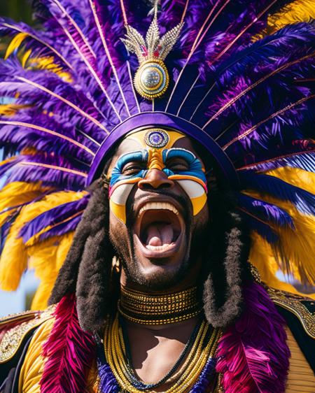 a man with big eyes screams "I AM THE BIG CHIEF" while wearing an elaborate diverse colorful feathered costume, analog photo, muted saturation, celebration, carnival, picture taken with Sony - Cinema Line FX30 Super 35 Camera, CHV3CBigChief, black and purple color scheme, fixed in post, color corrected, Professional, masterpiece, commissioned, best quality, Color Corrected, fixed in post