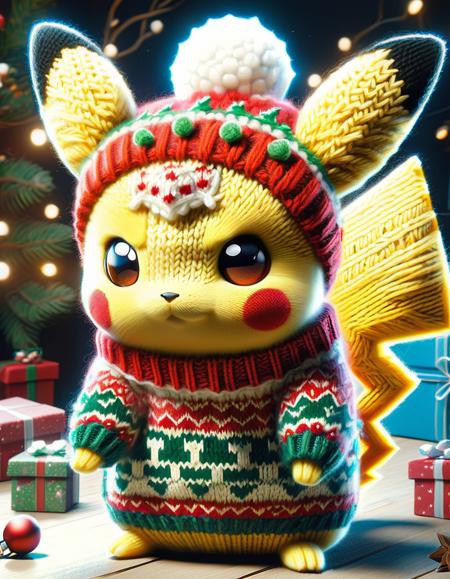 <lora:SDXLChristmasSweater:1>christmassweater, an adorable pikachu wearing a christmas sweater