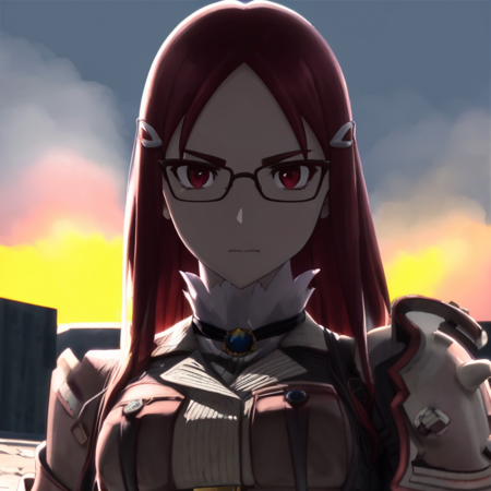 minerva_vc, red eyes, hair ornament, hairclip, armor, BREAK sunset, cloud, (masterpiece:1.3), (extremely_beautiful_detailed_anime_face), (dynamic lighting:1.21), (indirect light:1.3), depth of field, chromatic aberration, cinema camera, dynamic angle,