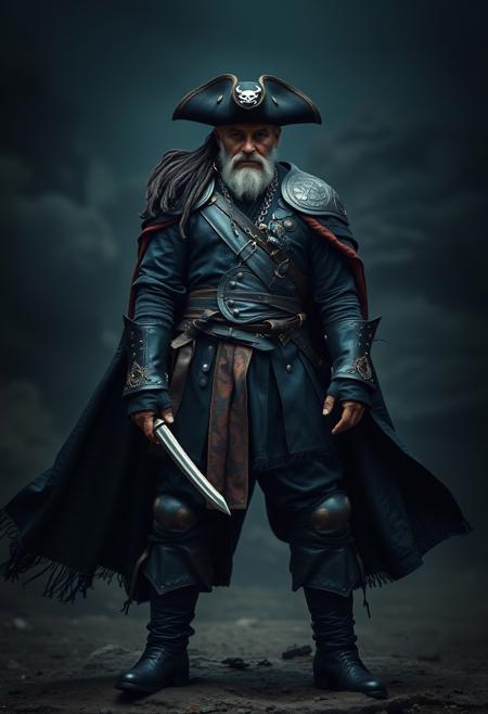 a pirate captain, full shot, handsome, heroic, epic, iron and leather armour, dark clothes, oriental damask ornaments, long cape, in the style of restrained palette, distressed materials, realistic color schemes, hieratic visionary, figura serpentinata, nicola samori, bold yet graceful , pirate boots, alexander McQueen fashion costume style