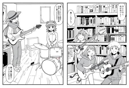 Four-panel comic strip featuring a band in a cozy, retro-style rehearsal space. The first panel shows a boy wearing a large black hat and a scarf, intensely playing an electric guitar with a focused expression, dressed casually in a white shirt and dark pants. The second panel depicts a cheerful girl seated at a drum set, wearing a knitted hat and a warm coat, surrounded by wooden floors and muted walls. The third panel presents another girl wearing a panda hat and a thick coat, confidently holding an electric guitar with a playful smile, bookshelves filled with manga in the background. The fourth panel features a boy in a black hoodie, casually strumming an acoustic guitar, looking thoughtful. The entire scene is rendered in a black-and-white aesthetic, capturing a blend of manga and comic book styles with bold lines and detailed shading. The overall atmosphere is creative and musical, evoking a sense of youthful energy and friendship.