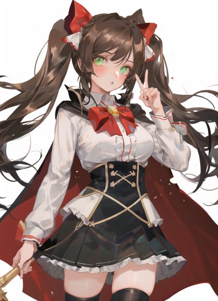 1girl, solo, thighhighs, skirt, bow, shirt, cape, frills, bowtie, blush, bangs, breasts, twintails, :o, holding, looking at viewer, green eyes, black thighhighs, red bow, white shirt, long sleeves, long hair, arm up, white background, black skirt, frilled skirt, simple background, parted lips, medium breasts, finger to mouth, brown hair, index finger raised, black cape, red bowtie<lora:rei-without-no-locon-14:1>