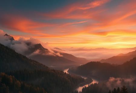 mist, mountains, rivers and forests, a wide vista, medieval, D&D, real photo, 4k, high contrast, vibrant colours, movie still, sunset, rich colours, mountain view
