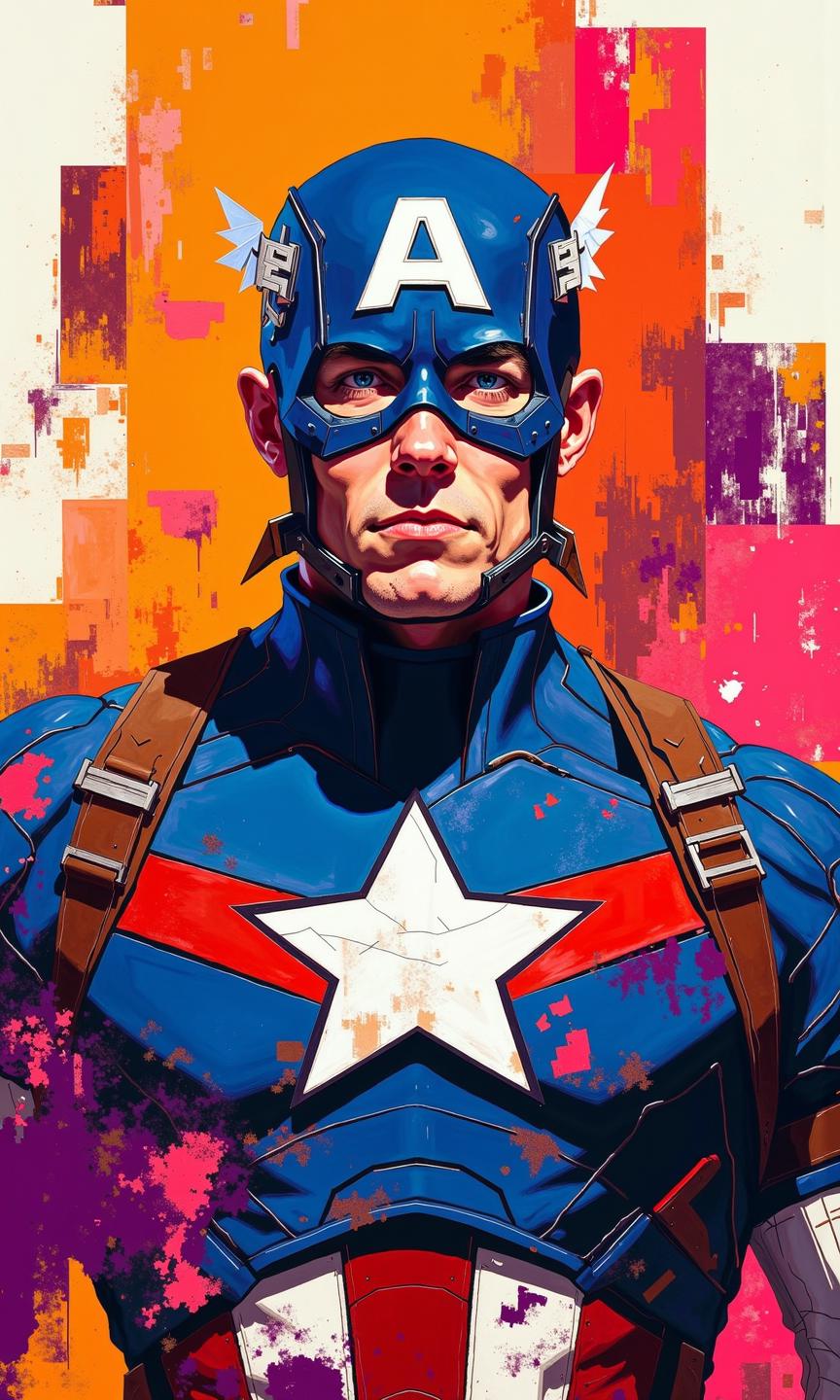 Full shot of a stylized graphic image of Captain America. 
The character is centered in the frame, showcasing a vibrant, almost pop-art aesthetic. His costume is a bold mix of red, blue, and white, rendered with a distinct, geometric pattern and a multitude of colors on the suit. The costume has the appearance of a futuristic, almost armored suit. Red, white, and blue are arranged in a complex design that resembles geometric shapes, emphasizing a strong visual impact.
Captain America's face is clearly visible, with a serious expression. His iconic Captain America helmet is a rich blue with a bold white "A" and details that add to the image's dynamic feel. The surrounding background elements are abstract and dynamic, using overlapping brushstrokes and blocks of color, primarily a mixture of vibrant oranges, pinks, and purples. These colors are not blended but rather juxtaposed in a way that creates a high-contrast effect in the backdrop. 
The style overall leans towards a graphic novel or comic book art style, rather than a photorealistic depiction. The vivid colors, bold lines, and geometric designs contribute significantly to the overall dynamic and eye-catching nature of the image.
<lora:FLUX-daubrez-DB4RZ-v2:1> DB4RZ, DB4RZ style painting