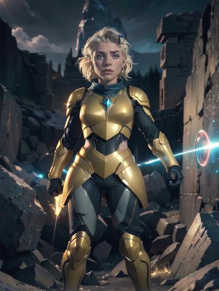 Pike trickfoot, standing, yellow magic bubble shield around her, action, holding ground, battlefield, shattered earth, rocks flying  (8k, RAW photo, best quality, masterpiece:1.2),ultra-detailed, (high detailed skin:1.2), 8k uhd, dslr, soft lighting, high quality,   <lora:Pike_Trickfoot_Vox_Machina_v1:0.65>