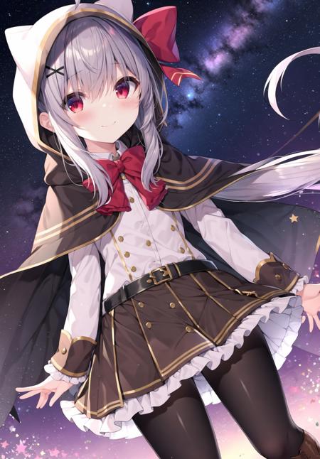 solo, 1girl, boots, pantyhose, brown footwear, red eyes, grey skirt, brown cloak, sky, bow, closed mouth, lace-up boots, starry sky, long hair, smile, twintails, very long hair, skirt, hair between eyes, star (sky), black pantyhose, frills, blush, bangs, hair bow, x hair ornament, long sleeves, white shirt, cross-laced footwear, shirt, red bow, night, night sky, outdoors, pleated skirt, hood, hair ornament, looking at viewer, ahoge, hood down, grey hair, cloak, cape, sleeves past wrists, white bow, white skirt, hooded cloak, frilled skirt, knee boots, capelet, tree

<lora:fearii-loha-v1.1:0.7>, (masterpiece,best quality)