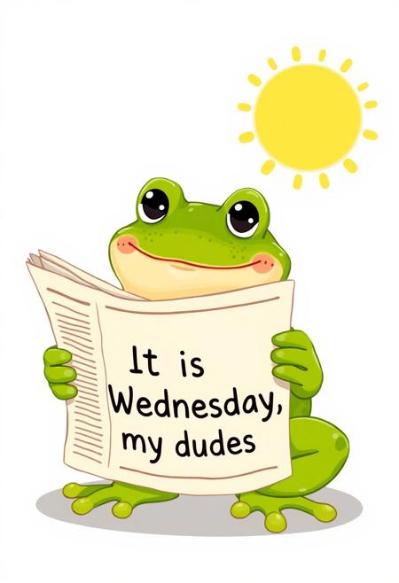 A cute frog reading a newspaper. In the front page of the newspaper, it says "It is Wednesday, my dudes"
Cartoon style