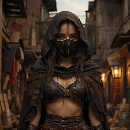 <lora:RPGBandit:1> bandit, 1girl, solo, weapon, mask, knife, cloak, long hair, looking at viewer, brown hair, upper body, hood, blurry, lips, blurry background,  cloak, ((medieval alley)), ((night))