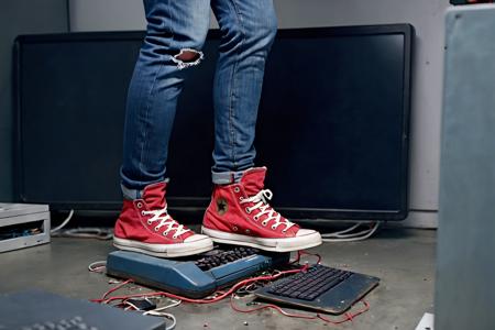 H4ck3rm4n, blue jeans with a hole on the left side, wearing red Chuck Taylor shoes, standing on a computer keyboard as if it was a skateboard, wires on the ground