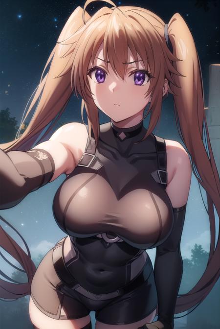 irina shidou, long hair, brown hair, twintails, (purple eyes:1.1), very long hair, ahoge, thighhighs, gloves, bare shoulders, black gloves, elbow gloves, bodysuit, covered navel,