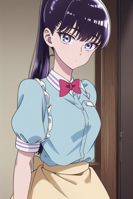 akiratachibana, <lora:akiratachibana-lora-nochekaiser:1>,
akira tachibana, long hair, bangs, black hair, (purple eyes:1.1),
BREAK skirt, shirt, bow, ponytail, short sleeves, puffy sleeves, bowtie, uniform, apron, red bow, blue shirt, waist apron, waitress, employee uniform,
BREAK looking at viewer,
BREAK indoors, classroom,
BREAK <lora:GoodHands-vanilla:1>, (masterpiece:1.2), best quality, high resolution, unity 8k wallpaper, (illustration:0.8), (beautiful detailed eyes:1.6), extremely detailed face, perfect lighting, extremely detailed CG, (perfect hands, perfect anatomy),