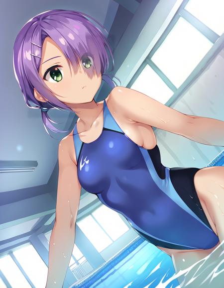 hucdnmi, hucdnmi,short hair, purple hair,hair over one eye,  bangs, hair ornament, green eyes, hairclip, dark skin,small breasts,   score_9, score_8_up, score_7_up, source_anime,