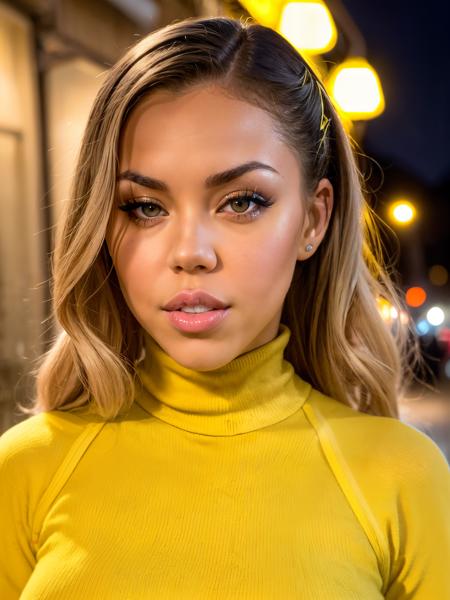 closeup headshot, RAW photo of extremely sexy lopali in an italian village street at night,  (wearing a yellow turtleneck jumper:1.2), 55mm professional photography, full detail, detailed face, 8k uhd, dslr, soft lighting, high quality, film grain, Fujifilm XT3,  <lora:epiNoiseoffset_v2:0.8>