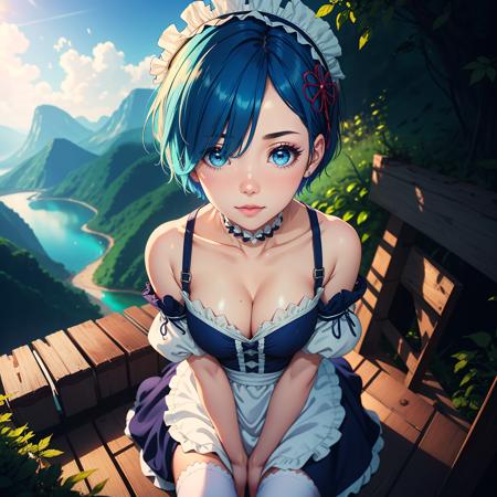 1girl, ultra high quality, ultra high res, masterpiece, realistic, photo-realistic:1.37, best quality, detailed eye makeup, detail face, nice detailed eyes, heavy eye makeup, cleavage, blue hair, maid headdress, maid, blue eyes, white_legwear, (detached_sleeves:1.2), portrait, maid apron, Kpop idol, (aegyo sal:1), natural light, light on face, cinematic lighting, full body, closeup, nsfw, small breast, rem \(re:zero\), rem \(re:zero\), (light blue short hair),detailed hands and fingers, nature, scenery, fisheye lense,  <lora:beautifulDetailedEyes_v10:0.4>