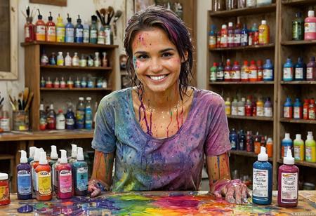 A pretty and charming female television commercial model with colored dyes, still wet, splashed all over her clothing, and a bit on her skin. She is smiling at the camera and presenting her work while standing at a table with several bottles of colored dye and dye splashed on the surface. Set in a homey craft studio. photo, portrait photo, perfecteyes, aidmamj6.1