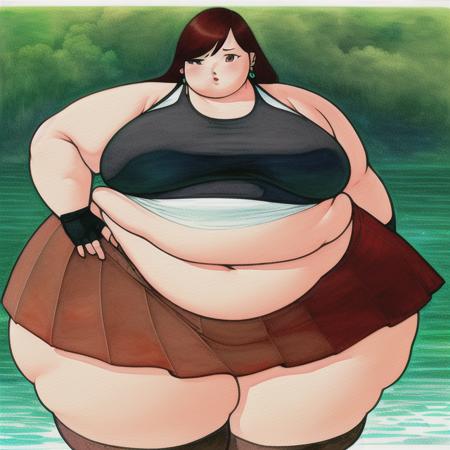 best quality, masterpiece, lineart, flat colors, water color, 1girl, fat, black_skirt, blush, breasts, brown_hair, crop_top, earrings, elbow_gloves, elbow_pads, fingerless_gloves, gloves, jewelry, long_hair, low-tied_long_hair, navel, skirt, suspender_skirt, suspenders, tank_top, taut_clothes, taut_shirt, thick_thighs, thighhighs, thighs, tifa_lockhart