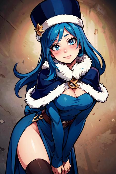 juvia lockser,  long hair, juvia lockser,  long hair, blue headwear, fur-trimmed headwear, capelet, blue dress, long sleeves, belt, side slit, tattoo, thighhighs,