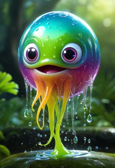 digital art of gradient-colored see-through slime creature , the slime has big anime like eyes without mouth, isekai world, depth of field, nature, sparkling eyes, sparkling aura,   vibrant colors blending seamlessly, high-definition textures, intricate details, perfect lighting, 8k resolution, floating in mid-air, glossy surface, highly detailed, vivid reflections, dynamic composition