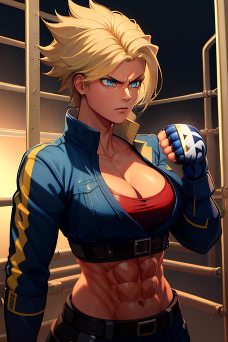 Shina,spiked blonde hair,muscular,abs ,blue eyes, standing, fist up, serious expression, close up ,
ShiGea,red crop top,fingerless gloves ,cropped long sleeved jacket,belt,boots, dark blue attire,cleavage,
 steel cage arena, lights, moonlight,
 (insanely detailed, beautiful detailed face, masterpiece, best quality) cinematic lighting,
<lora:Shina-10v3:0.8>