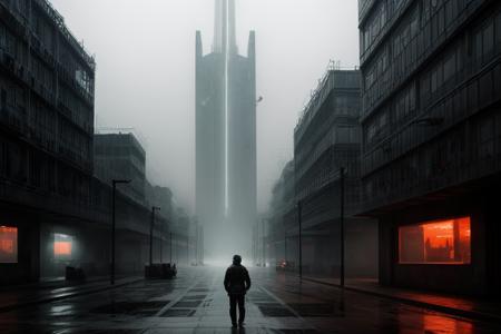dystopian future, dark atmosphere, fear in the air, mist, giant robot silhouettes, exterior  <lora:more_details:0.7>