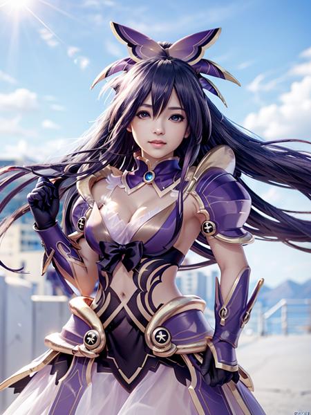 <lora:tohkacos11:0.75>tohkacos, tohkaastral, ((armored dress, shoulder armor, pauldrons, armored gloves, head ornament)), purple hair, large breasts, realistic, upper body,
masterpiece, best quality, ultra detailed, highres, official art, illustration, beautiful detailed lens flare, direct sunlight, (wide shot1:1.2), solo, (1girl:1.5),long hair, floating hair,cleavage,masterpiece, blue sky