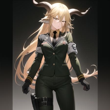 ((masterpiece)),(best quality),official art,extremely detailed CG,unity 8k wallpaper,ultra detailed,1girl,solo,cowboy shot,scowl,animal_ears,absurdly_long_hair,blonde_hair,shirt,military_uniform,black_pants,goat_horns,hair_between_eyes,black_gloves,black_jacket,black_footwear,looking_at_viewer,long_sleeves,yellow_eyes,goat_ears,thigh_strap,armband,bangs,black_necktie,high_heels,breasts,<lora:Degenbrecher(ark)>,